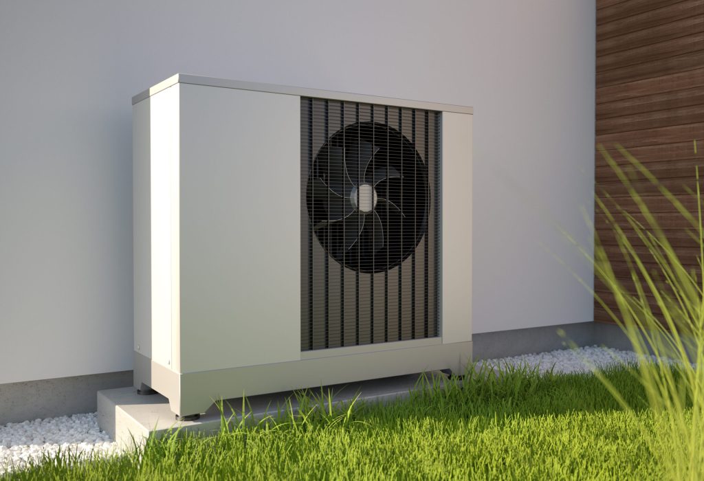 Air heat pump beside house, 3D illustration