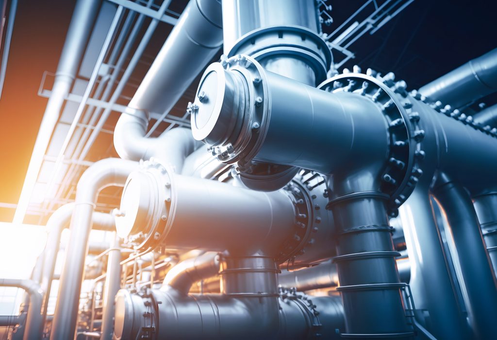 Industrial pipeline, oil and gas factory, blue color banner with sun ligh. Generation AI.